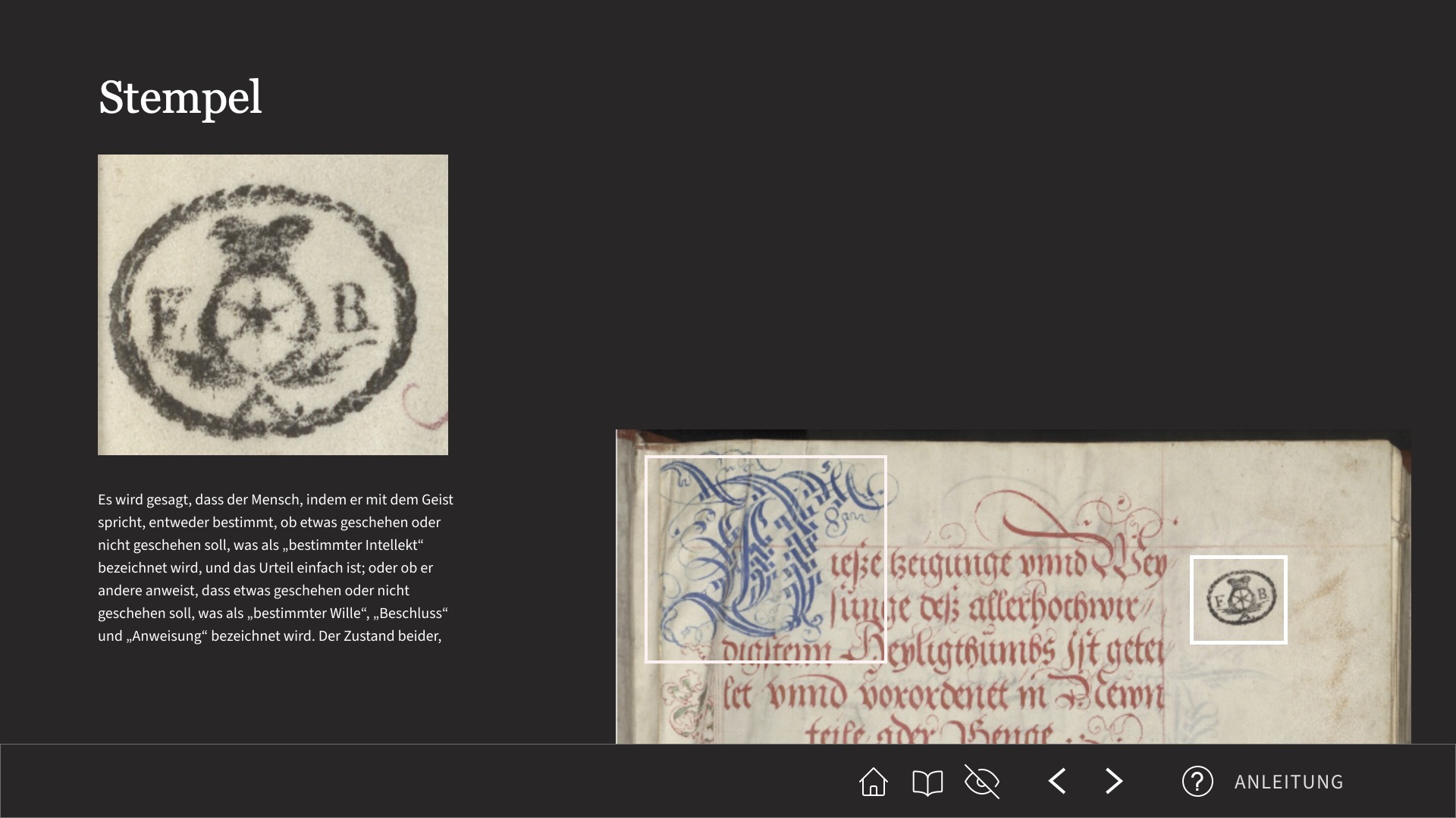 Close up of a page from the Aschaffenburg Codex depicting elaborate calligraphy and a stamp
