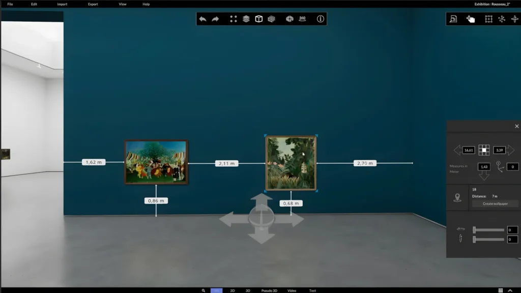 cura3D screenshot of a virtually planned exhibition space with artworks